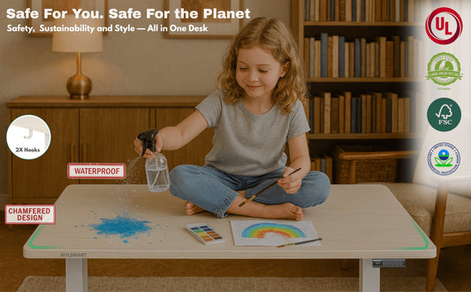 Mylsmart electric desk with logo of all certifications - UL, CARB, FSC, EPA. 