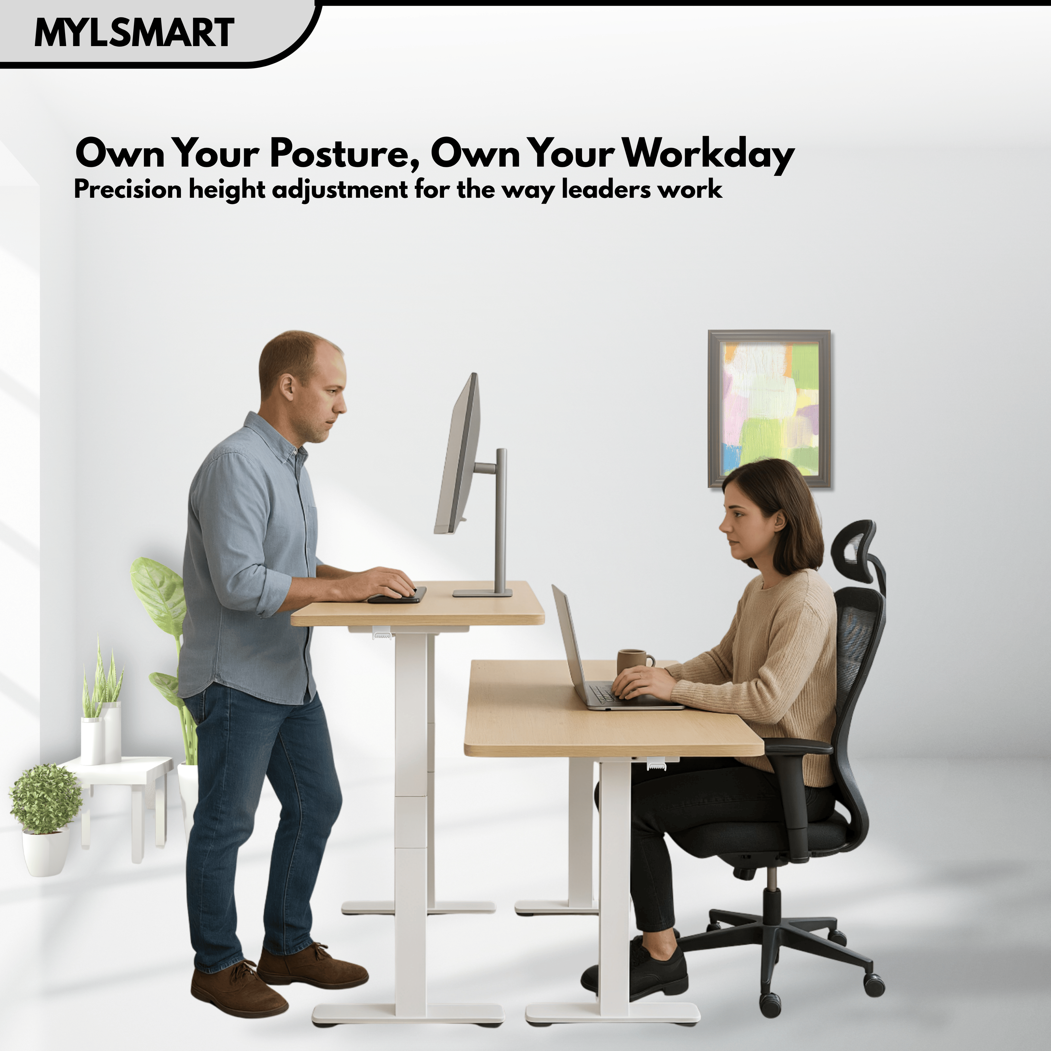 Two people using Mylsmart height adjustable desk with different height settings to ensure correct posture.