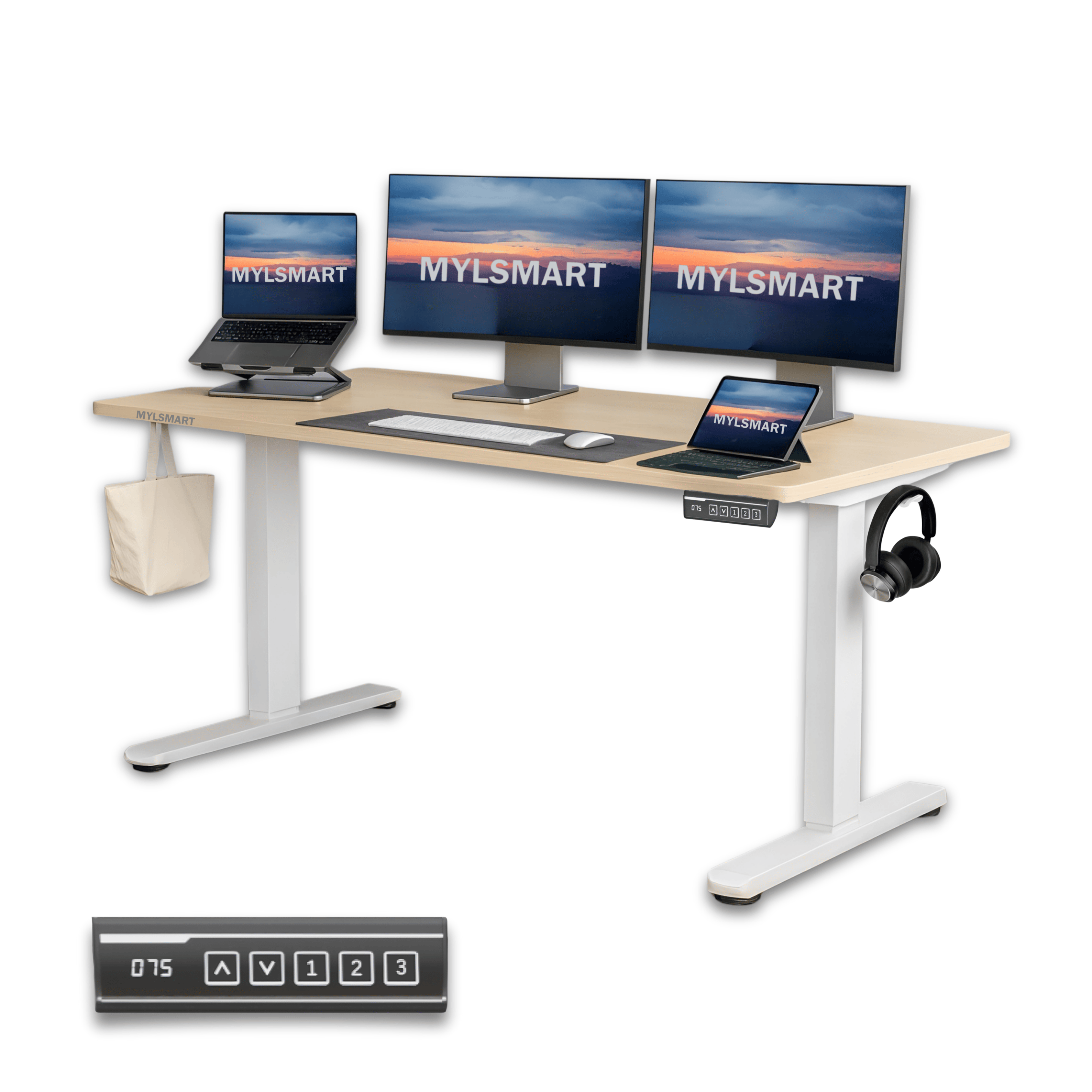 Computer setup on Mylsmart electric height adjustable desk with multiple monitors and devices.
