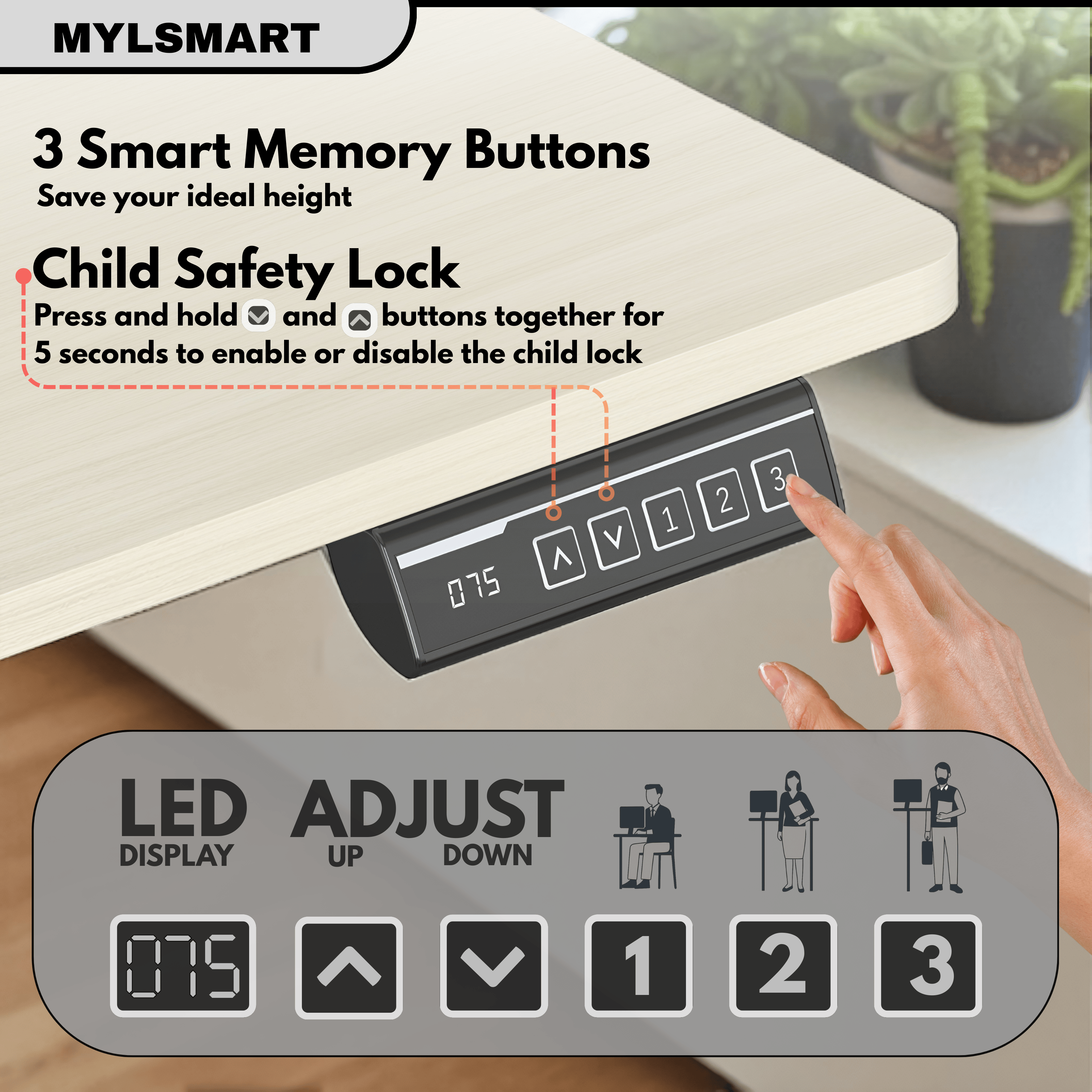 Mylsmart smart desk control panel with smart memory buttons and child safety lock feature.
